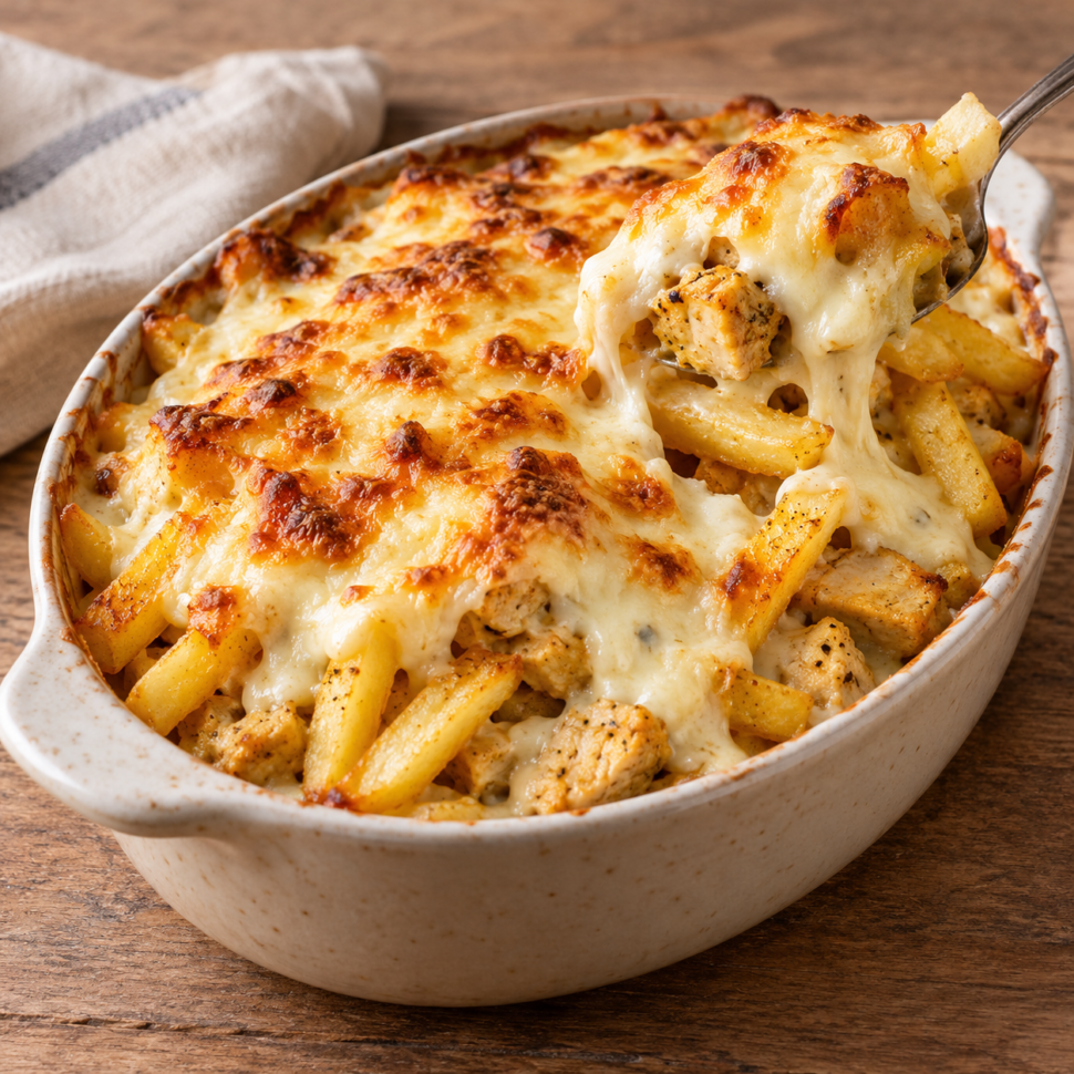 AI illustration of Moroccan-style chicken pasticcio with fries, béchamel and browned melted cheese.