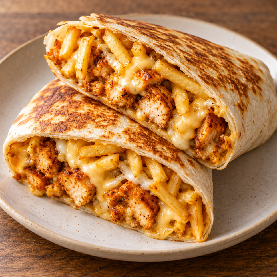 AI illustration of a griddled Moroccan-style chicken taco wrap cut open to show fries and cheese sauce.