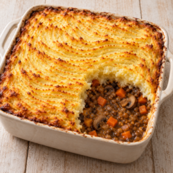 AI illustration of mushroom and lentil pie with a golden mashed-potato topping and a portion removed.