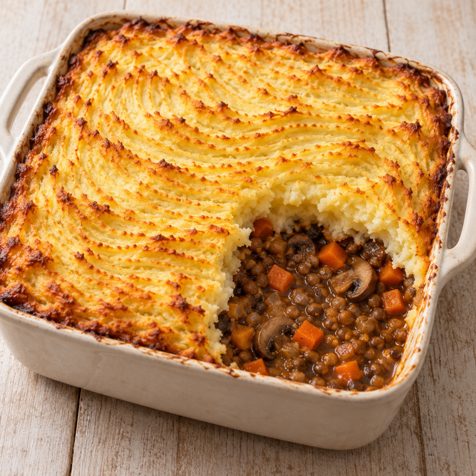 AI illustration of mushroom and lentil pie with a golden mashed-potato topping and a portion removed.