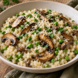 AI illustration of creamy rice risotto with browned mushrooms, green peas, grated cheese and parsley.