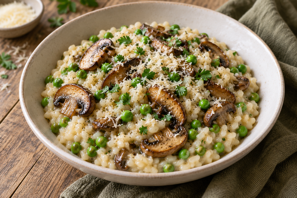 AI illustration of creamy rice risotto with browned mushrooms, green peas, grated cheese and parsley.