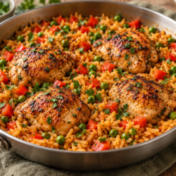 AI illustration of paprika chicken thighs over golden rice with red pepper and peas.