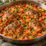 AI illustration of paprika chicken thighs over golden rice with red pepper and peas.