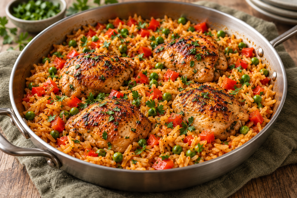 AI illustration of paprika chicken thighs over golden rice with red pepper and peas.
