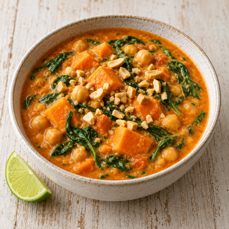AI illustration of sweet potato and peanut soup with chickpeas, spinach, chopped peanuts and a lime wedge.