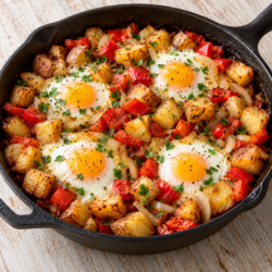AI illustration of a potato and red pepper skillet with four set eggs and chopped parsley.