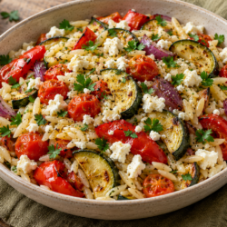 AI illustration of orzo pasta with roasted courgettes, peppers, tomatoes and crumbled feta.