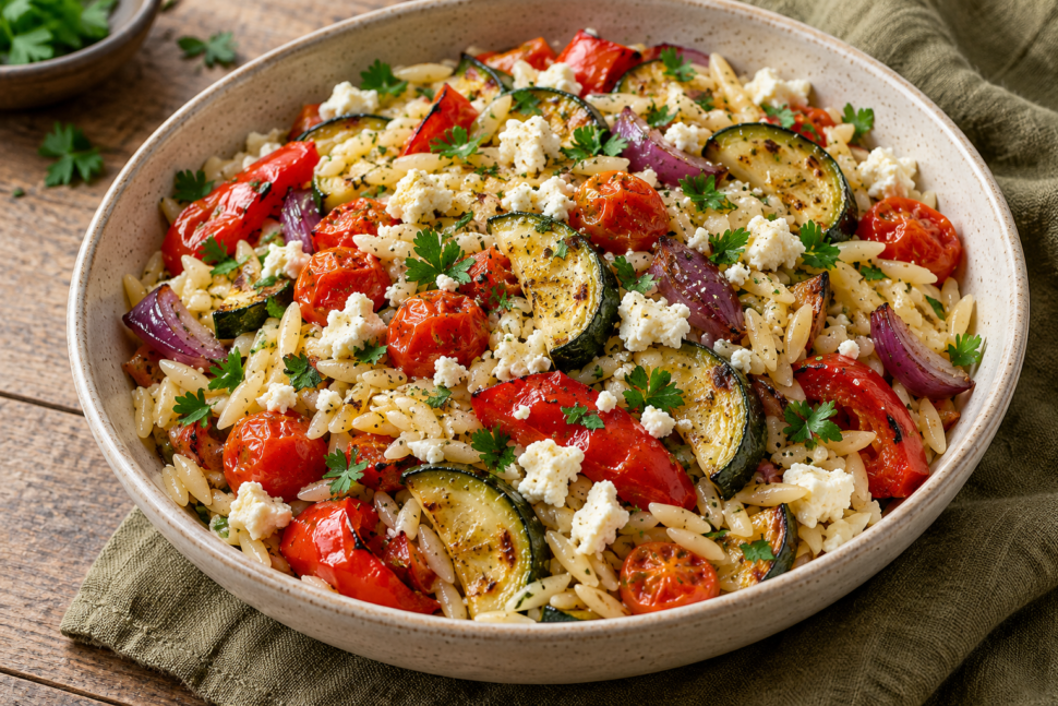 AI illustration of orzo pasta with roasted courgettes, peppers, tomatoes and crumbled feta.