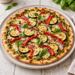 AI illustration of a pesto pizza with roasted courgette, red pepper, red onion, melted mozzarella and basil.