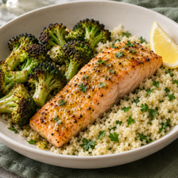 AI illustration of baked salmon with roasted broccoli and parsley couscous in a dinner bowl.