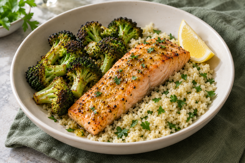 AI illustration of baked salmon with roasted broccoli and parsley couscous in a dinner bowl.