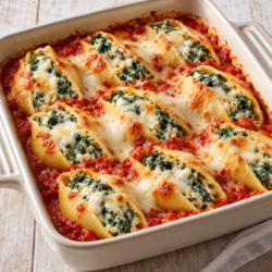 AI illustration of spinach and ricotta stuffed pasta shells baked in tomato sauce with melted mozzarella.