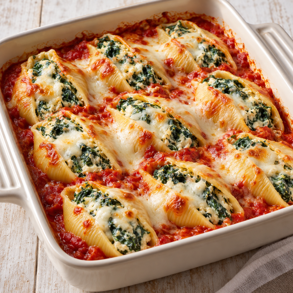 AI illustration of spinach and ricotta stuffed pasta shells baked in tomato sauce with melted mozzarella.