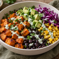 AI illustration of roasted sweet potato, black beans, corn, cabbage and avocado with lime yogurt dressing.