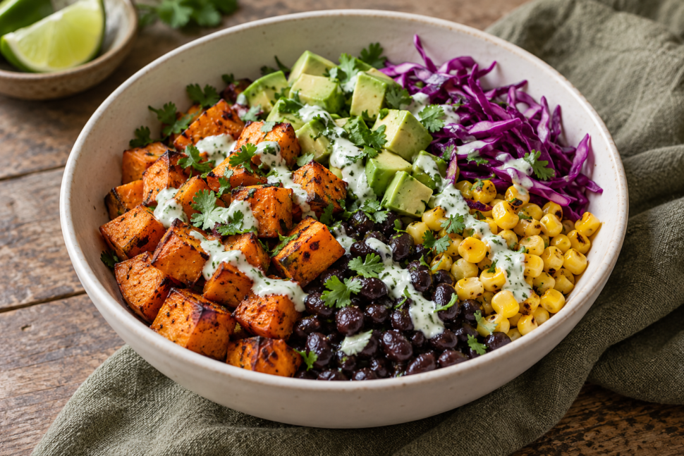 AI illustration of roasted sweet potato, black beans, corn, cabbage and avocado with lime yogurt dressing.