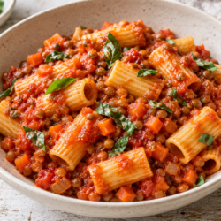 AI illustration of rigatoni in tomato and red lentil sauce with finely diced carrot and basil.