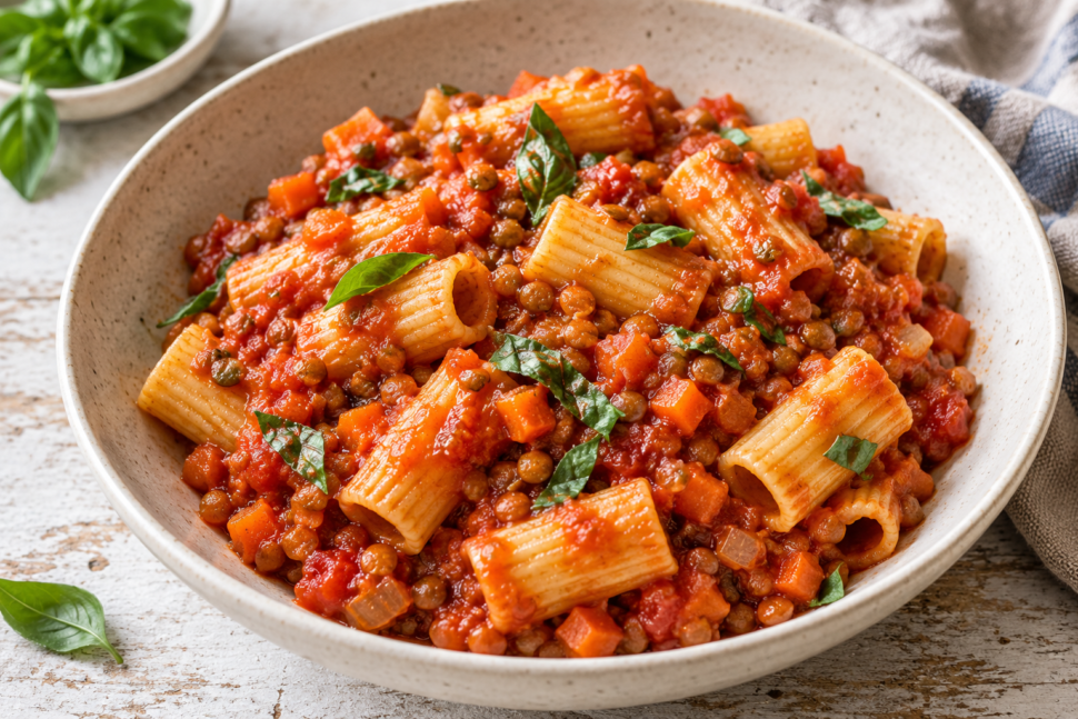 AI illustration of rigatoni in tomato and red lentil sauce with finely diced carrot and basil.
