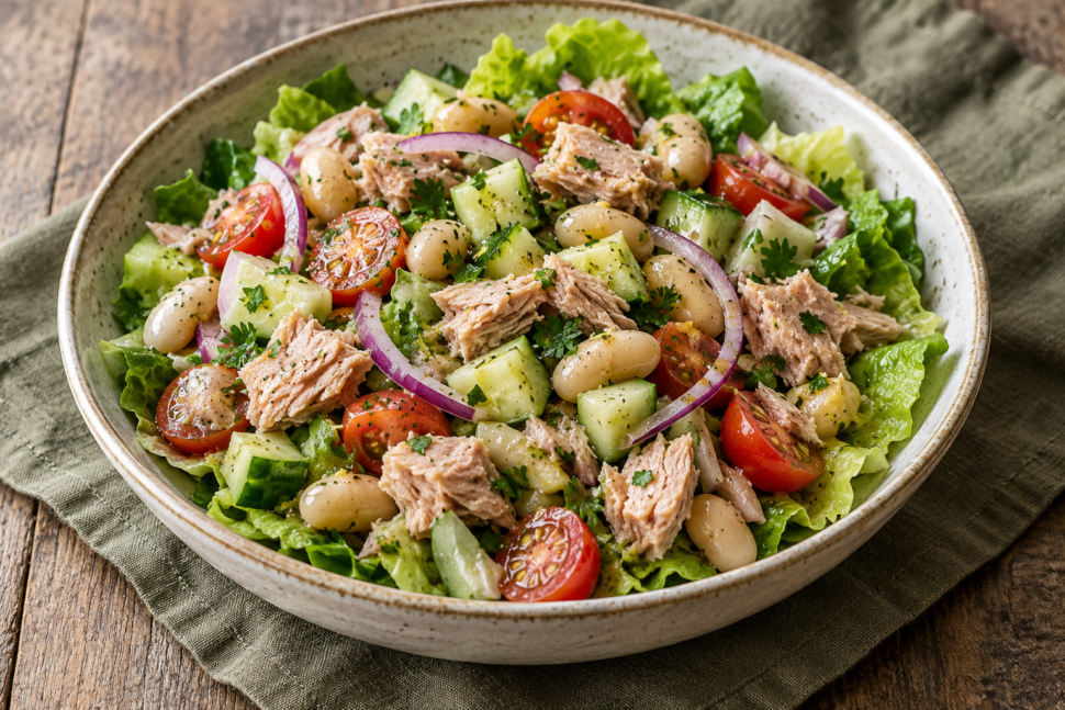 AI illustration of tuna and white bean salad with cucumber, tomatoes, red onion and romaine lettuce.