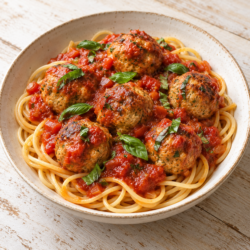 AI illustration of turkey meatballs in tomato and basil sauce served over spaghetti.
