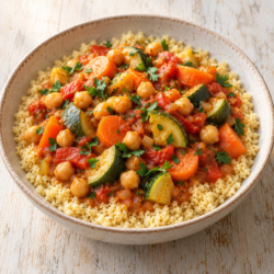 AI illustration of couscous topped with chickpeas, carrots, courgettes and red pepper in tomato broth.