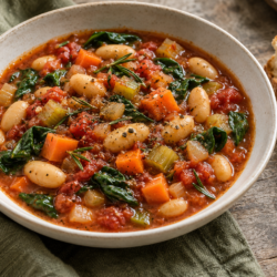 AI illustration of tomato stew with white beans, carrots, celery and spinach beside crusty bread.