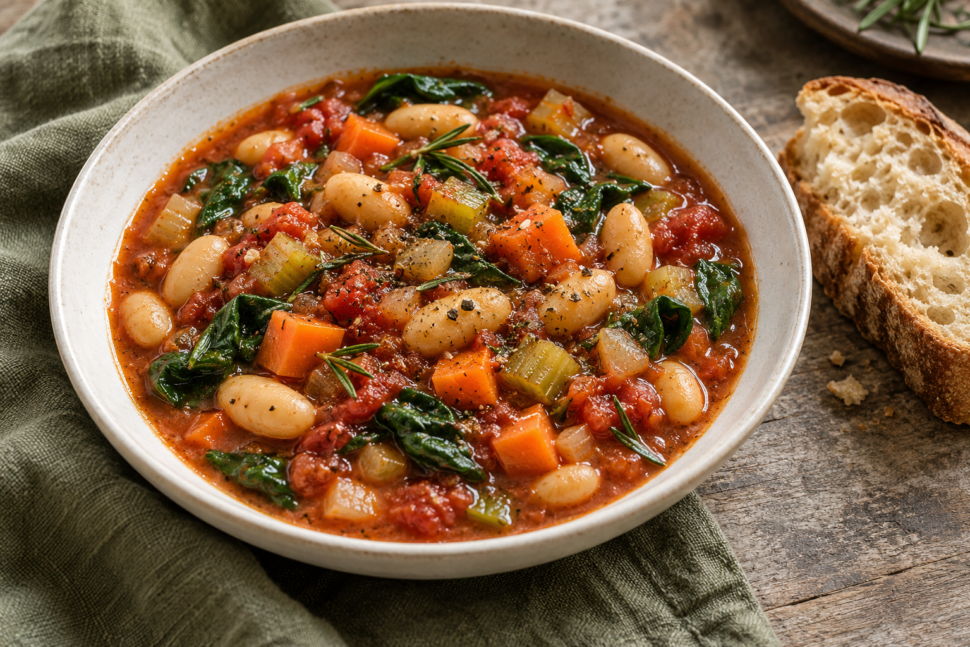 AI illustration of tomato stew with white beans, carrots, celery and spinach beside crusty bread.